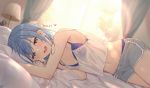  1girl :d bed blue_eyes blue_hair boyshort_panties bra camisole curtains envyvanity hair_down heart hololive hoshimachi_suisei lamp looking_at_viewer lying midriff navel on_bed on_side open_mouth panties pillow smile solo spoken_heart sunlight translated underwear virtual_youtuber 