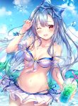  1girl ;d aoba_project aoba_rena bare_shoulders bikini bikini_skirt blue_hair blue_sky bow bracelet breasts bubble cloud collarbone cowboy_shot cup disposable_cup front-tie_bikini front-tie_top hair_bow hand_up highres holding jewelry long_hair looking_at_viewer medium_breasts navel necklace one_eye_closed open_mouth red_eyes sakura_moyon shawl side-tie_bikini sky smile solo stomach swimsuit white_bikini 