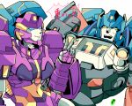  1boy 1girl at1059 autobot blue_eyes looking_to_the_side nautica no_humans open_mouth skids_(transformers) surprised transformers v yellow_eyes 