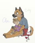  alcohol anthro beverage canid canine canis clothing colored couple_(romantic) domestic_dog drinking duo fan_character female german_shepherd herding_dog hi_res kiwi_cutie lutrine male male/female mammal mustelid pastoral_dog simple_background size_difference video_games wine 