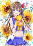  1girl absurdres ankimo_(tokino_sora) blue_eyes brown_hair commentary_request floral_background flower highres hololive huge_filesize long_hair looking_at_viewer navel open_mouth ribbon sleeveless solo stuffed_animal stuffed_toy sunflower teddy_bear tokino_sora virtual_youtuber 