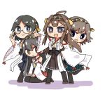  4girls :d ahoge aneko_(toshishitanoane) bare_shoulders black_hair blue_eyes blue_skirt boots brown_eyes brown_hair brown_skirt chibi detached_sleeves glasses green_skirt grey_hair hakama_skirt haruna_(kantai_collection) headgear hiei_(kantai_collection) kantai_collection kirishima_(kantai_collection) kongou_(kantai_collection) leg_up long_hair looking_at_viewer multiple_girls nontraditional_miko open_mouth plaid plaid_skirt purple_eyes red_skirt seiza short_hair simple_background sitting skirt smile thigh_boots thighhighs v-shaped_eyebrows white_background wide_sleeves 