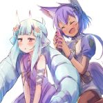  2girls :d ^_^ animal_ear_fluff animal_ears bangs blue_hair blue_hairband blunt_bangs blush brown_flower brown_legwear closed_eyes dark_skin delmin_(show_by_rock!!) dragon_horns dress eyebrows_visible_through_hair fang flower hair_flower hair_ornament hairband hands_up highres holding_tail horns long_hair multiple_girls nyama open_mouth pantyhose parted_lips puffy_short_sleeves puffy_sleeves purple_dress purple_hair purple_sailor_collar red_eyes ruhuyu_(show_by_rock!!) sailor_collar sailor_dress shirt short_eyebrows short_sleeves show_by_rock!! simple_background sleeveless sleeveless_dress smile tail thick_eyebrows twintails v-shaped_eyebrows very_long_hair white_background white_shirt wolf_ears wolf_girl wolf_tail 