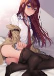  1girl bangs black_legwear black_panties blue_eyes blush brown_coat brown_hair closed_mouth coat collared_shirt eyebrows_visible_through_hair hair_between_eyes highres hizuki_higure long_hair long_sleeves makise_kurisu open_clothes open_coat panties pantyhose pantyhose_pull pulled_by_self shiny shiny_hair shirt sitting solo steins;gate straight_hair underwear very_long_hair white_shirt wing_collar 