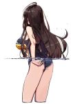  1girl adjusting_clothes adjusting_swimsuit ass back breasts brown_hair commentary_request counter_side happening18 highres korean_commentary long_hair one-piece_swimsuit solo swimsuit wading wet 