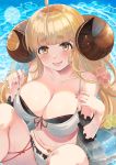  1girl ahoge anila_(granblue_fantasy) bangs bare_shoulders bikini blonde_hair blush breasts cleavage collarbone draph granblue_fantasy highres horns large_breasts long_hair looking_at_viewer navel nuko_(mikupantu) open_mouth sheep_horns short_eyebrows smile swimsuit yellow_eyes 