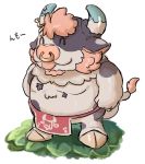  2020 anthro belly black_body black_fur bovid bovine buta5kawa cattle clothing eyes_closed fur hi_res japanese_text loincloth male mammal overweight overweight_anthro overweight_male simple_background solo text tongue tongue_out white_body white_fur 