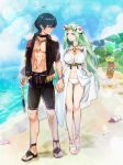  1boy 1girl alternate_costume beach blue_eyes blue_hair blue_sky breasts byleth_(fire_emblem) byleth_(fire_emblem)_(male) cleavage closed_mouth cloud couple dagger day fire_emblem fire_emblem:_three_houses fire_emblem_heroes fishing_rod flower green_eyes green_hair hair_flower hair_ornament hetero holding holding_fishing_rod holding_hands large_breasts long_hair looking_to_the_side outdoors rhea_(fire_emblem) sheath sheathed short_hair sky smile swimsuit twitter_username water weapon white_swimsuit yomusugara_(uzo-muzo) 