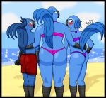  2020 anthro avian beach bia_(rio) bikini bird black_border blue_body blue_feathers blue_macaw blue_sky_studios border brother brother_and_sister butt carla_(rio) clothing detailed_background digital_media_(artwork) feathers female group hi_res male marothedarkrabbit_(artist) rio_(series) seaside sibling sister swimwear tiago_(rio) 