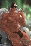  1boy abs bara beard brown_hair bulge chest dark_skin dark_skinned_male facial_hair headband highres male_focus male_underwear manly muscle navel nikism nipples pectorals pointy_ears shirtless snake solo spiked_hair tangaroa tattoo thick_thighs thighs tokyo_houkago_summoners underwear underwear_only upper_body wet white_hair 