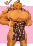  anthro apron apron_only barayot beverage bodily_fluids clothing coffee elemental_creature elemental_humanoid flora_fauna halloween holidays humanoid hyper jack-o&#039;-lantern jacket lactating leather leather_jacket male male_lactation monster mostly_nude muscular muscular_thighs orange_body plant plant_humanoid simple_background smile solo topwear 