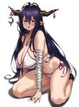  1girl antenna_hair bandaged_arm bandages bangs bare_shoulders bikini blush breasts cleavage commentary_request covered_nipples danua draph granblue_fantasy hair_between_eyes highres horn_ornament horns houtengeki jewelry kneeling large_breasts long_hair looking_at_viewer necklace open_mouth partial_commentary pointy_ears purple_hair red_eyes simple_background swimsuit white_background 