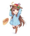  1girl animal_ear_fluff animal_ears animal_on_head arms_up blue_dress brown_eyes brown_hair brown_legwear cape cat cat_ears child crown dress full_body hair_ornament hat headwear_removed highres holding holding_hair kindergarten_uniform leaf leg_lift long_hair on_head open_mouth original pink_footwear red_cape ribbon school_hat shoes simple_background standing standing_on_one_leg striped striped_legwear tamase_tama thighhighs virtual_youtuber white_background yellow_headwear 