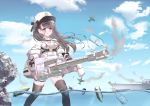  1girl :q absurdres aircraft airplane alcohol anchor_symbol azur_lane bangs black_gloves black_hair black_legwear blue_sky blush bottle breasts cleavage cloud day gloves hat highres holding holding_weapon long_hair long_sleeves medium_breasts military military_vehicle one_side_up outdoors pamiat_merkuria_(azur_lane) purple_eyes ruan_qin shell_casing ship sky smoke solo standing thigh_strap thighhighs tongue tongue_out vodka warship water watercraft weapon 