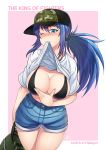  1girl backpack bag black_bra blue_eyes blue_hair blue_shorts blush bra breasts camouflage cleavage clothes_lift green_shorts large_breasts leona_heidern mouth_hold one_eye_closed shirt shorts snk soldier solo sweatdrop takejun teeth_hold the_king_of_fighters underwear watermark web_address white_shirt 