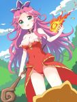  1girl :d angela_(seiken_densetsu_3) bare_shoulders blue_sky blush breasts choker cleavage cloud covered_navel eyebrows_visible_through_hair fire gold_trim green_eyes hat highres holding holding_staff leotard long_hair looking_at_another magic medium_breasts open_mouth outdoors pointy_ears purple_choker purple_hair purple_headwear rabite red_leotard seiken_densetsu seiken_densetsu_3 sky smile staff standing sweat usagi_koushaku 