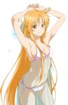  1girl adapted_costume armpits arms_up asuna_(sao) asuna_(stacia) bangs bare_shoulders bikini bracelet braid breasts cleavage hair_ornament highres jewelry looking_at_viewer medium_breasts mitsugu parted_bangs see-through shiny shiny_hair side-tie_bikini signature simple_background smile solo swimsuit sword_art_online sword_art_online:_alicization white_background 