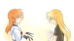  2girls black_ribbon closed_eyes couple fate_testarossa kerorokjy long_hair lyrical_nanoha mahou_shoujo_lyrical_nanoha mahou_shoujo_lyrical_nanoha_a&#039;s medium_hair multiple_girls open_mouth orange_hair ribbon school_uniform simple_background smile takamachi_nanoha tears uniform white_background white_ribbon yuri 