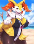  2019 anthro beach big_breasts blush braixen breasts camel_toe canid canine clothed clothing cloud detailed_background digital_media_(artwork) eyelashes female fur hi_res inner_ear_fluff looking_at_viewer mammal mleonheart multicolored_body multicolored_fur nintendo nipple_outline one-piece_swimsuit outside pok&eacute;mon pok&eacute;mon_(species) pok&eacute;morph seaside sky solo stick swimwear tuft video_games white_body white_fur yellow_body yellow_fur 
