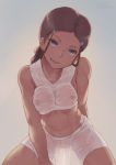  1girl avatar:_the_last_airbender avatar_(series) breasts brown_hair covered_nipples dark_skin gradient gradient_background hair_rings highres jackrockhardt katara leaning_forward looking_at_viewer open_mouth see-through smile solo spread_legs toned wet wet_clothes 