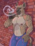  2018 absurd_res bulge clothed clothing hi_res hyaenid male mammal outside piercing possumpecker smoking solo standing topless 