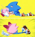  &gt;_&lt; &lt;3 2019 555_pn ambiguous_gender anthro blue_body blue_fur clothing crossover duo eulipotyphlan eyes_closed footwear fur gloves handwear hedgehog hug humor kirby kirby_(series) lying male mammal nintendo on_front open_mouth open_smile pink_body shoes simple_background smile sonic_the_hedgehog sonic_the_hedgehog_(series) video_games vore waddling_head yellow_background 