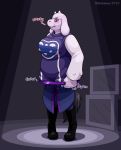  annoyed anthro belly big_breasts blush boots boss_monster bovid breasts caprine clothed clothing english_text female footwear frown fully_clothed fur goo_transformation hi_res hoop horn mammal mid_transformation miltonholmes overweight overweight_anthro overweight_female red_eyes robe solo standing text tf_into_fictional_character toriel transformation transformation_ring undertale video_games white_body white_fur 