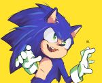  2019 555_pn anthro blue_body blue_fur clothing eulipotyphlan fur gloves green_eyes handwear hedgehog hi_res looking_up male mammal open_mouth simple_background solo sonic_the_hedgehog sonic_the_hedgehog_(film) sonic_the_hedgehog_(series) tan_body tan_fur yellow_background 