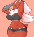  2020 anthro athletic athletic_female athletic_tape big_breasts blaziken bottomwear bra breasts clothed clothing danonymous eyes_closed female front_view hair hi_res hotpants navel nintendo nipple_outline pink_background pok&eacute;mon pok&eacute;mon_(species) shorts simple_background standing thick_thighs underwear video_games white_hair wide_hips 