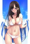  1girl ass_visible_through_thighs bangs bare_shoulders bikini black_hair blue_eyes blue_sky blush bracelet breasts cleavage cloud collarbone commentary_request contrapposto cowboy_shot eyebrows_visible_through_hair groin highres jewelry large_breasts long_hair looking_at_viewer navel o-ring o-ring_bikini o-ring_bottom o-ring_top original sidelocks sky smile solo standing swimsuit thighs towel untue white_bikini 