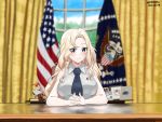  1girl absurdres american_flag artist_request atlanta_(kantai_collection) bird black_neckwear blonde_hair blue_eyes blue_hair brown_hair crossed_fingers dixie_cup_hat double_bun eagle hat highres hornet_(kantai_collection) kantai_collection military_hat necktie office oval_office ponytail samuel_b._roberts_(kantai_collection) saratoga_(kantai_collection) shirt short_hair side_ponytail sitting sleeveless sleeveless_shirt solo white_house window 