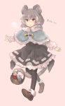  1girl animal_ears black_legwear black_skirt blue_capelet blush brown_footwear capelet eyebrows_visible_through_hair grey_hair highres inazakura00 long_sleeves looking_at_viewer mouse mouse_ears mouse_tail nazrin pantyhose parted_lips prehensile_tail red_eyes shoes short_hair skirt solo tail touhou 