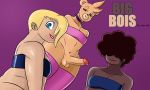  5:3 afro anthro balls belly biped black_hair blonde_hair blue_eyes brown_eyes cherryfox73 choker clothing dark dark_skin erection fur genitals group gus_(sssonic2) hair hi_res human humanoid humanoid_genitalia humanoid_penis interspecies jewelry leggings legwear leo_(sssonic2) lipstick looking_at_viewer makeup male male/male mammal milo necklace not_furry nude penis simple_background smile text thick_thighs ursid 