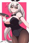  1girl :o animal_ears armlet bangs black_bow black_legwear black_leotard blush border bow breasts bunny_day bunny_ears bunny_girl cleavage commentary_request detached_collar eyebrows_visible_through_hair fishnet_legwear fishnets five-seven_(girls_frontline) girls_frontline hair_between_eyes hair_ornament high_ponytail highres holding holding_tray large_breasts leotard long_hair looking_at_viewer open_mouth pantyhose pink_background sayossa_(pak-front) sidelocks silver_hair tray very_long_hair white_border wrist_cuffs yellow_eyes 