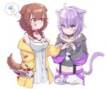  2girls absurdres animal_ears applying_bandaid bandaged_arm bandages bandaid bandaid_on_cheek bandaid_on_face bandaid_on_nose bandaid_on_shoulder blood blood_on_face blood_stain bloody_clothes bloody_weapon blush cat_ears cat_girl cat_tail choker collar dog_ears dog_girl dog_tail highres holding holding_knife hololive injury inugami_korone jewelry knife lajiang multiple_girls nekomata_okayu ring tail thought_bubble virtual_youtuber weapon wedding_ring yuri 