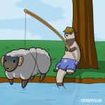  1:1 ambiguous_gender anthro bovid caprine clothed clothing domestic_ferret duo feral fishing_rod hi_res male mammal mustela mustelid musteline orbitalis outside topless water 