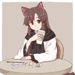  1girl animal_ear_fluff animal_ears black_scarf border brown_hair closed_mouth commentary creamer_packet cup dress grey_background holding holding_cup imaizumi_kagerou long_sleeves looking_at_viewer poronegi red_eyes scarf simple_background sitting smile solo table tail touhou white_border white_dress wide_sleeves wolf_ears wolf_tail 