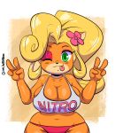  2020 4_fingers accessory activision anthro bandicoot big_breasts black_nose blonde_hair breasts cleavage clothed clothing coco_bandicoot crash_bandicoot_(series) digital_media_(artwork) double_v_sign female fingers flower flower_in_hair gesture green_eyes hair hair_accessory hi_res joaoppereiraus long_hair looking_at_viewer mammal marsupial one_eye_closed panties plant shirt signature solo tank_top text text_on_clothing text_on_shirt text_on_topwear tongue tongue_out topwear underwear v_sign video_games wink 
