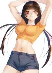 1girl bangs blue_shorts breasts brown_hair character_name closed_mouth collarbone commentary_request cowboy_shot crop_top eyebrows_visible_through_hair girls_frontline hands_above_head heterochromia highres long_hair medium_breasts midriff multicolored_hair navel orange_shirt red_eyes ro635_(girls_frontline) shirt shorts simple_background solo streaked_hair t-shirt twintails white_background white_hair xanax025 yellow_eyes 