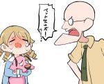  1boy 1girl animal bald beige_shirt blonde_hair blue_shirt courage_(character) courage_the_cowardly_dog crying dog drill_hair eustace_bagge glasses green_neckwear holding holding_animal holding_dog idolmaster idolmaster_cinderella_girls idolmaster_cinderella_girls_starlight_stage morikubo_nono open_mouth ro_(aahnn) shirt tears 