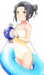  1girl abe_kanari black_hair character_request double_bun green_eyes high_school_fleet holding holding_toy inflatable_toy innertube puffer_fish simple_background solo standing swimsuit toy watch white_background wristwatch yellow_swimsuit 