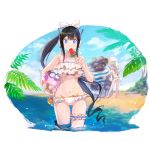  2girls absurdres ball beach beachball black_hair blue_eyes blue_ribbon bow bra breasts enoch_(soulworker) eyebrows_visible_through_hair flower food food_in_mouth frilled_bra frilled_swimsuit frills green_swimsuit grey_hair hair_between_eyes hat headphones highres holding holding_food jack_the_king_(soulworker) long_hair multiple_girls noa_(soul_worker) partially_submerged ponytail popsicle ribbon see-through_skirt shallow_water shirt signature skirt sky soul_worker straw_hat striped striped_shirt suvin_(mononochi) swimsuit underboob underwear watermelon_bar white_ribbon white_swimsuit 