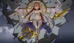  1girl bangs battle_mage_(dungeon_and_fighter) breasts brown_hair center_opening choker detached_sleeves dress dungeon_and_fighter highres horns invisible_chair long_hair looking_at_viewer navel sitting small_breasts solo staff strapless strapless_dress thighhighs wangchuan_de_quanyan white_legwear yellow_eyes 