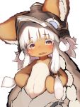 1other absurdres ambiguous_gender animal_ears animal_helmet blush blush_stickers bunny_ears eyebrows_visible_through_hair fang flat_chest from_below furry hands_on_hips hat highres horizontal_pupils long_hair looking_at_viewer made_in_abyss nanachi_(made_in_abyss) navel open_mouth pants sidelocks skin_fang smile tab_head topless very_long_hair whiskers white_hair yellow_eyes 