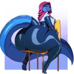  1:1 2020 absurd_res anthro big_butt blue_body blue_scales blue_tail breasts butt chair clothed clothing feet female furgonomics furniture hi_res hood huge_butt long_tail looking_back non-mammal_breasts purple_eyes reptile scales scalie simple_background sitting smile solo thick_thighs trinity-fate62 