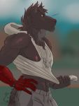  2018 3:4 absurd_res anthro bodily_fluids bulge canid canine canis clothing hi_res male mammal possumpecker prostethic solo sweat wolf 