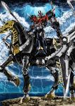  blue_eyes dual_wielding garimpeiro glowing glowing_eyes heterochromia highres holding holding_spear holding_weapon horseback_riding lightning lightning_bolt looking_at_viewer looking_down mazinkaiser_skl mazinkaiser_skl_(mecha) mecha polearm red_eyes riding skeleton_horse skl-rr spear storm super_robot weapon 