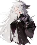  1girl animal_ears arknights black_coat black_gloves black_shirt blood blood_on_face breasts coat cowboy_shot fangs gloves hair_between_eyes jacket lappland_(arknights) long_hair looking_at_viewer medium_breasts nineo open_clothes open_coat open_mouth shirt silver_eyes silver_hair simple_background smile solo white_background white_jacket wolf_ears 