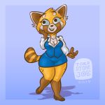  1:1 2019 aggressive_retsuko ailurid anthro big_breasts blue_background breasts clothed clothing female fur gesture hi_res mammal open_mouth red_panda retsuko sanrio simple_background smile solo standing teeth thick_thighs tombstonejoe v_sign wide_hips 