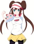  1girl black_legwear blue_eyes bow breasts brown_hair closed_mouth collarbone commentary cowboy_shot double_bun flexing gen_1_pokemon genbu_(user_unhx5348) jigglypuff legwear_under_shorts long_hair looking_at_viewer mei_(pokemon) pantyhose pink_bow pokemon pokemon_(creature) pokemon_(game) pokemon_bw2 pokemon_on_arm pose raglan_sleeves shirt short_shorts shorts simple_background sleeves_past_elbows smile twintails very_long_hair visor_cap white_background yellow_shorts 